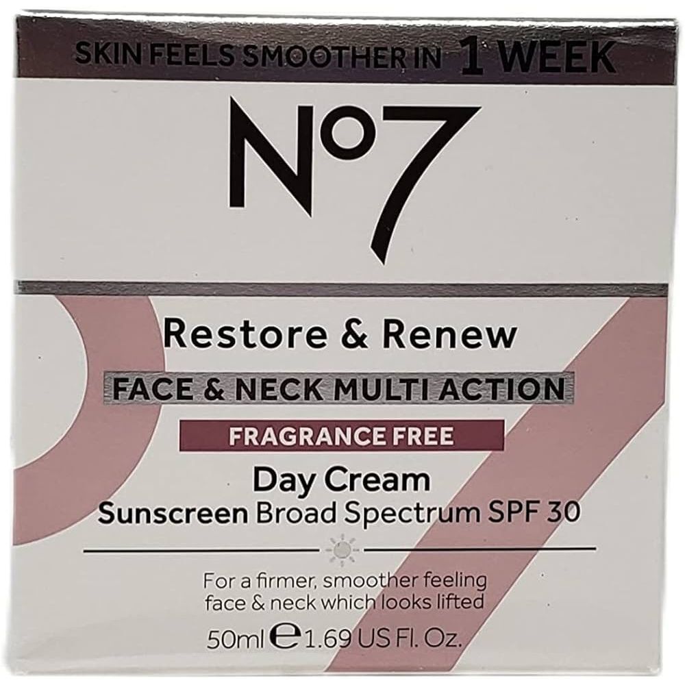 No7 Restore & Renew Face & Neck fragrance free Day Cream SPF 30 sunscreen, broad